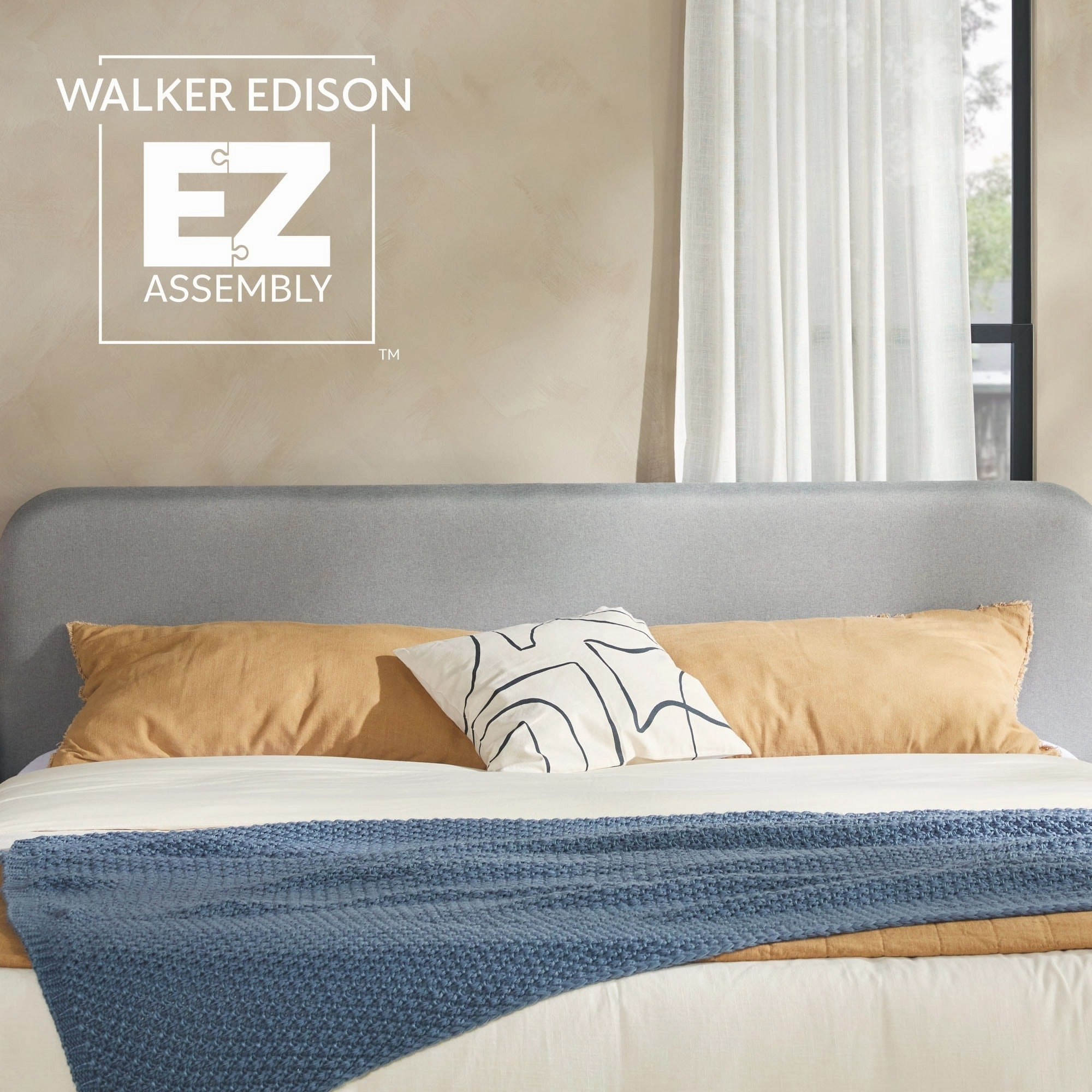Walker Edison Solid Wood King Bed with Curved Upholstered Headboard