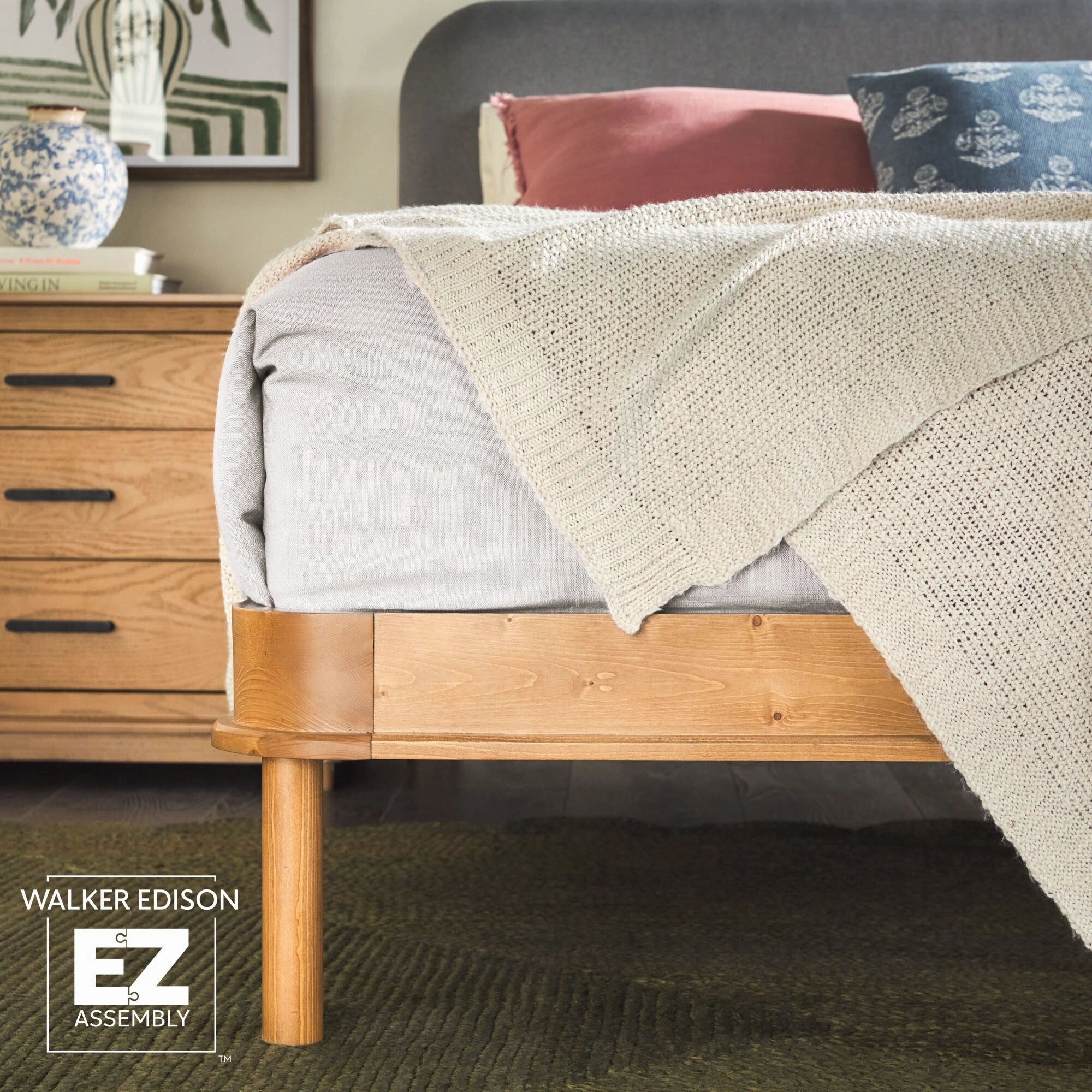 Walker Edison Solid Wood King Bed with Curved Upholstered Headboard