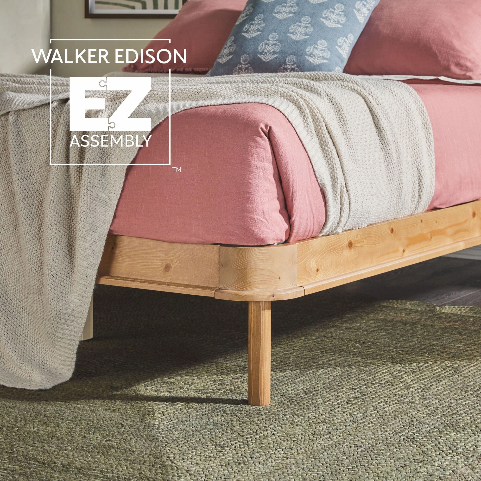 Walker Edison Solid Wood Queen Bed with Curved Upholstered Headboard