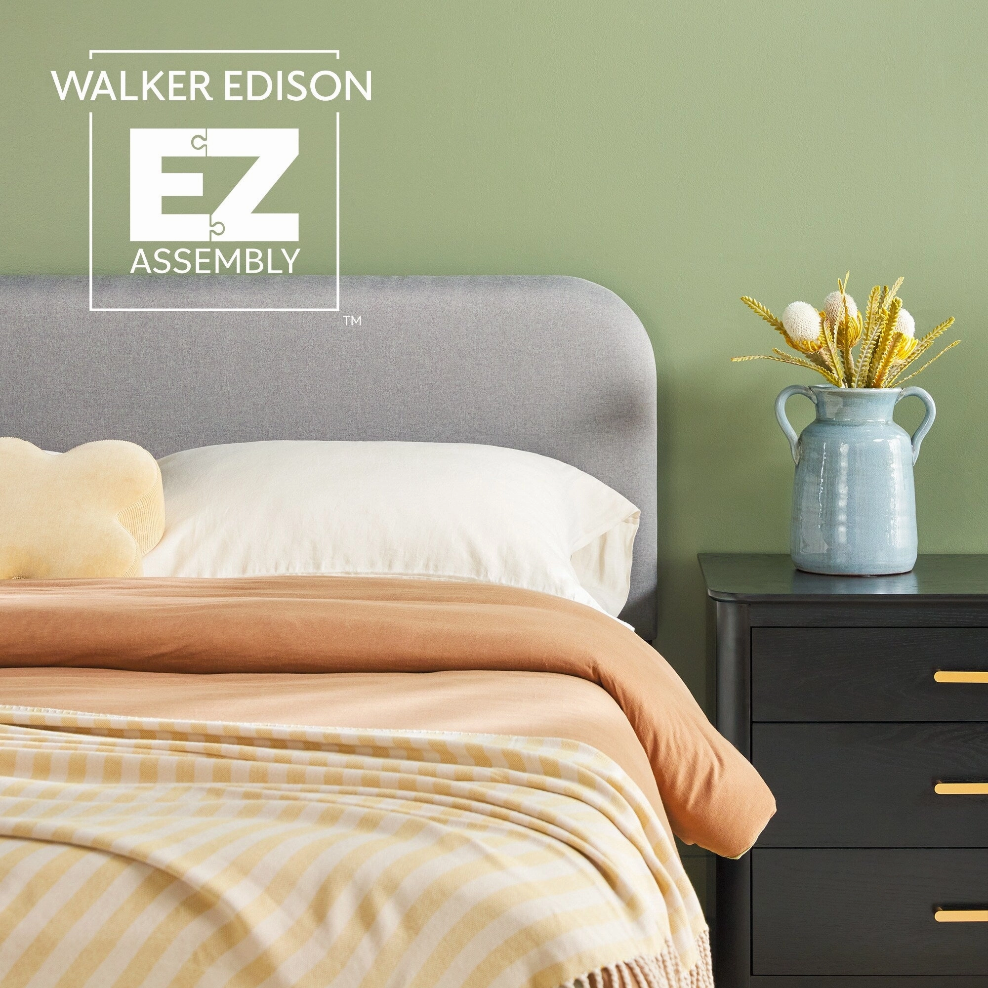 Walker Edison Solid Wood Queen Bed with Curved Upholstered Headboard
