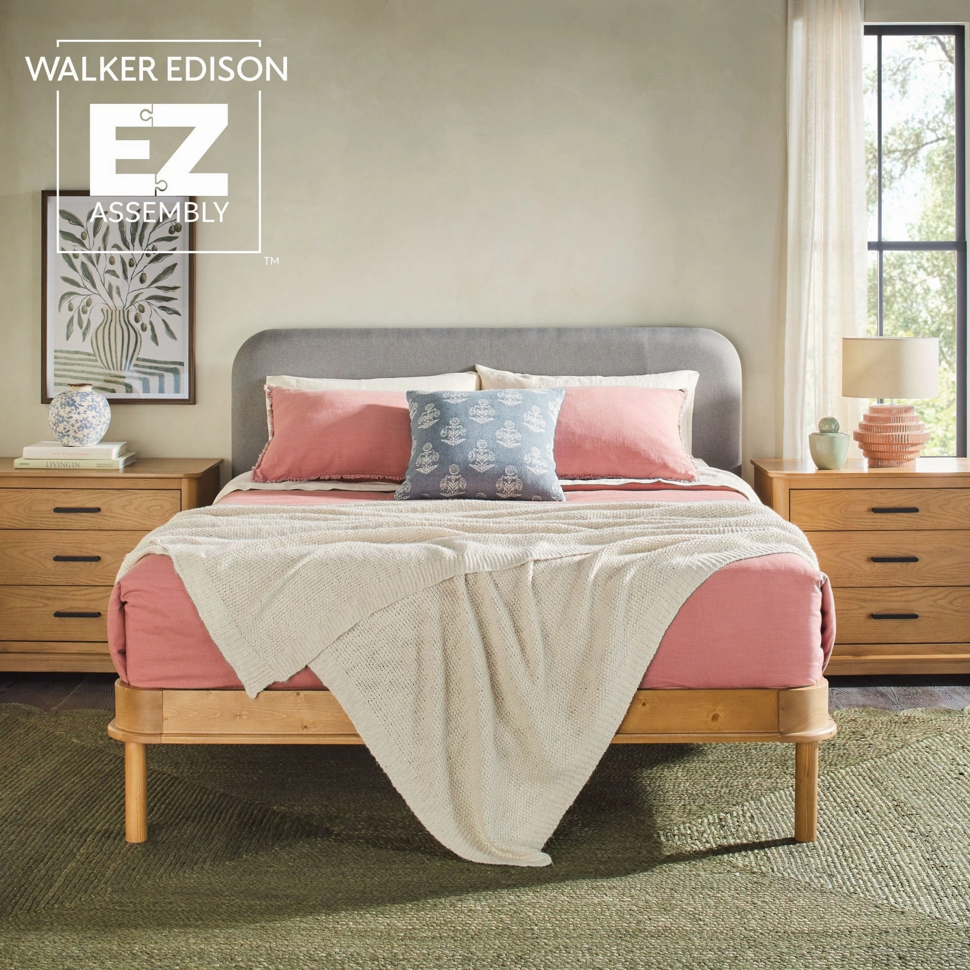 Walker Edison Solid Wood Queen Bed with Curved Upholstered Headboard