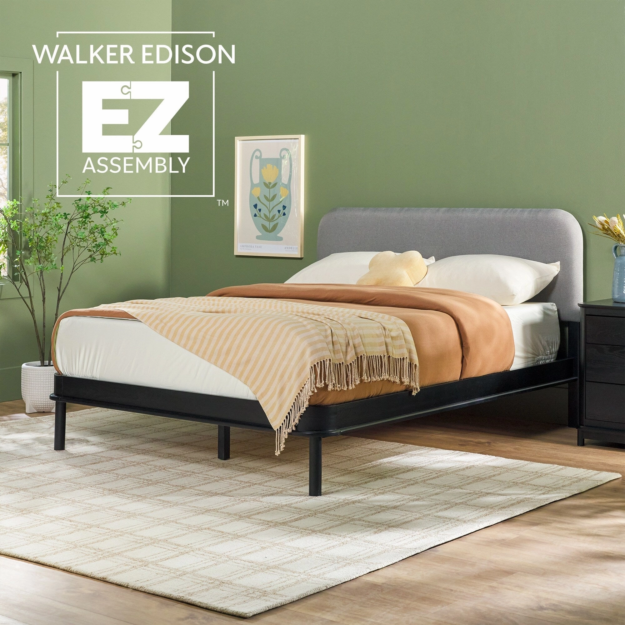 Walker Edison Solid Wood Queen Bed with Curved Upholstered Headboard