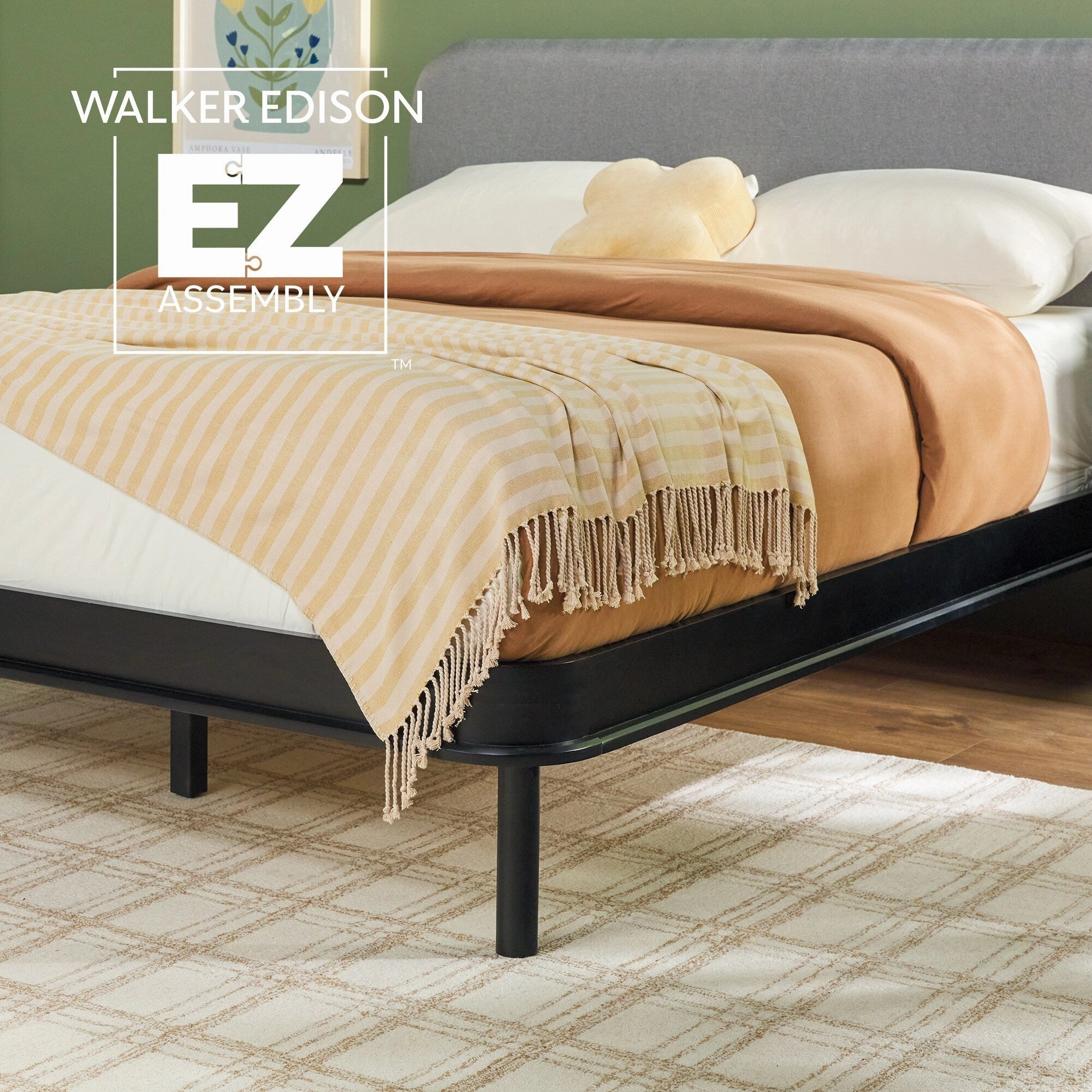 Walker Edison Solid Wood Queen Bed with Curved Upholstered Headboard
