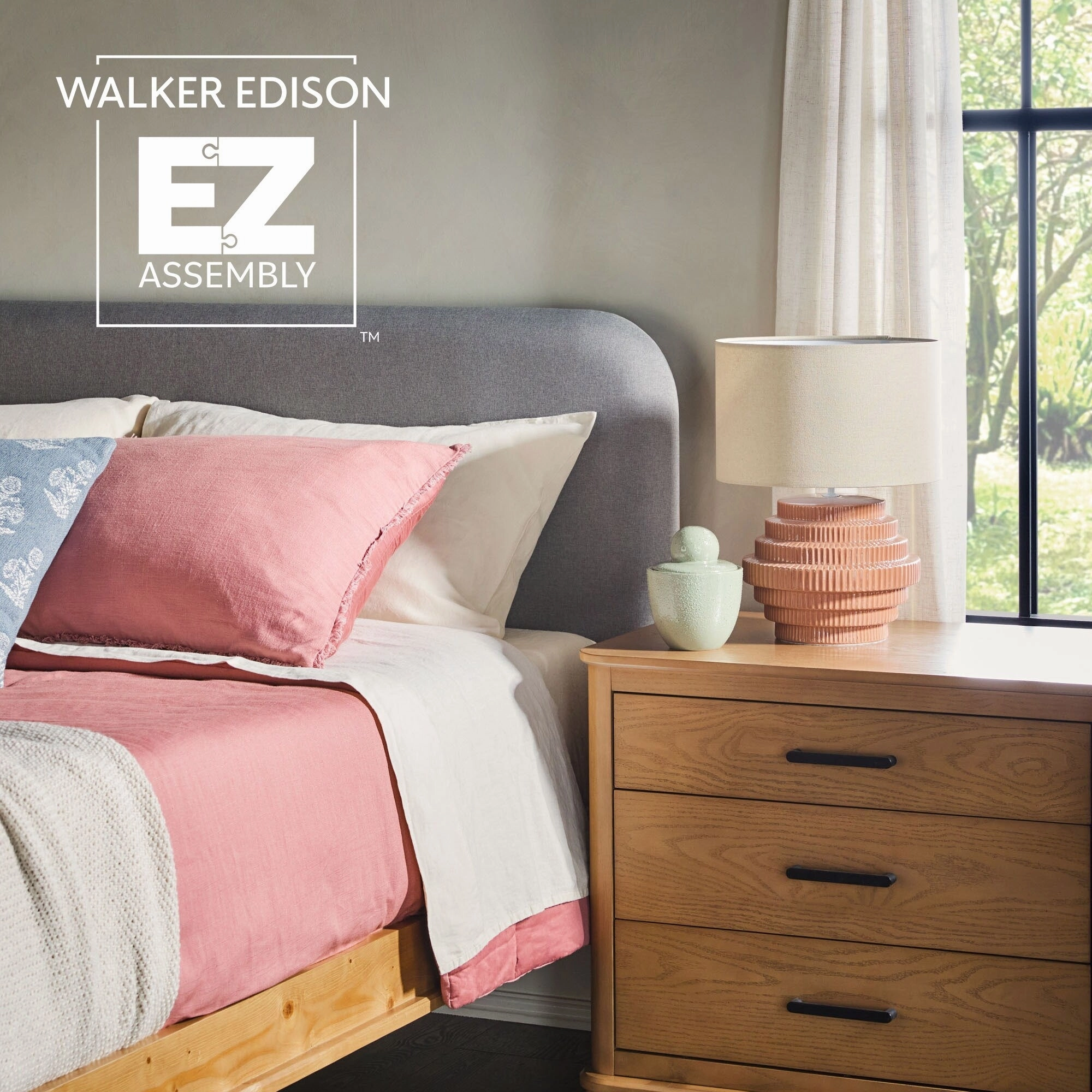Walker Edison Solid Wood Queen Bed with Curved Upholstered Headboard