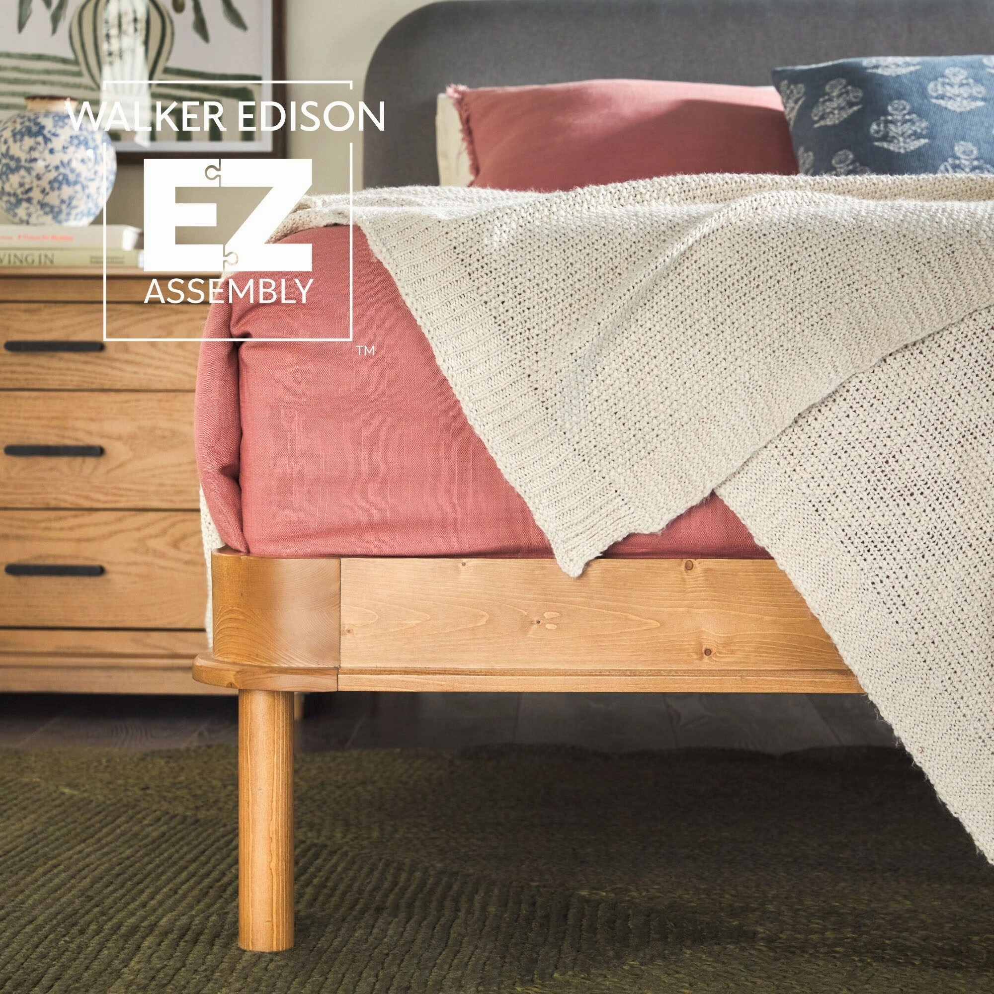 Walker Edison Solid Wood Queen Bed with Curved Upholstered Headboard