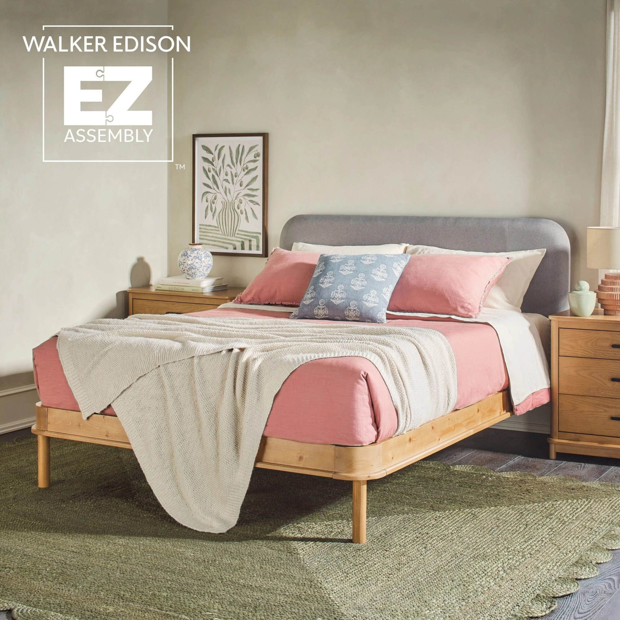 Walker Edison Solid Wood Queen Bed with Curved Upholstered Headboard
