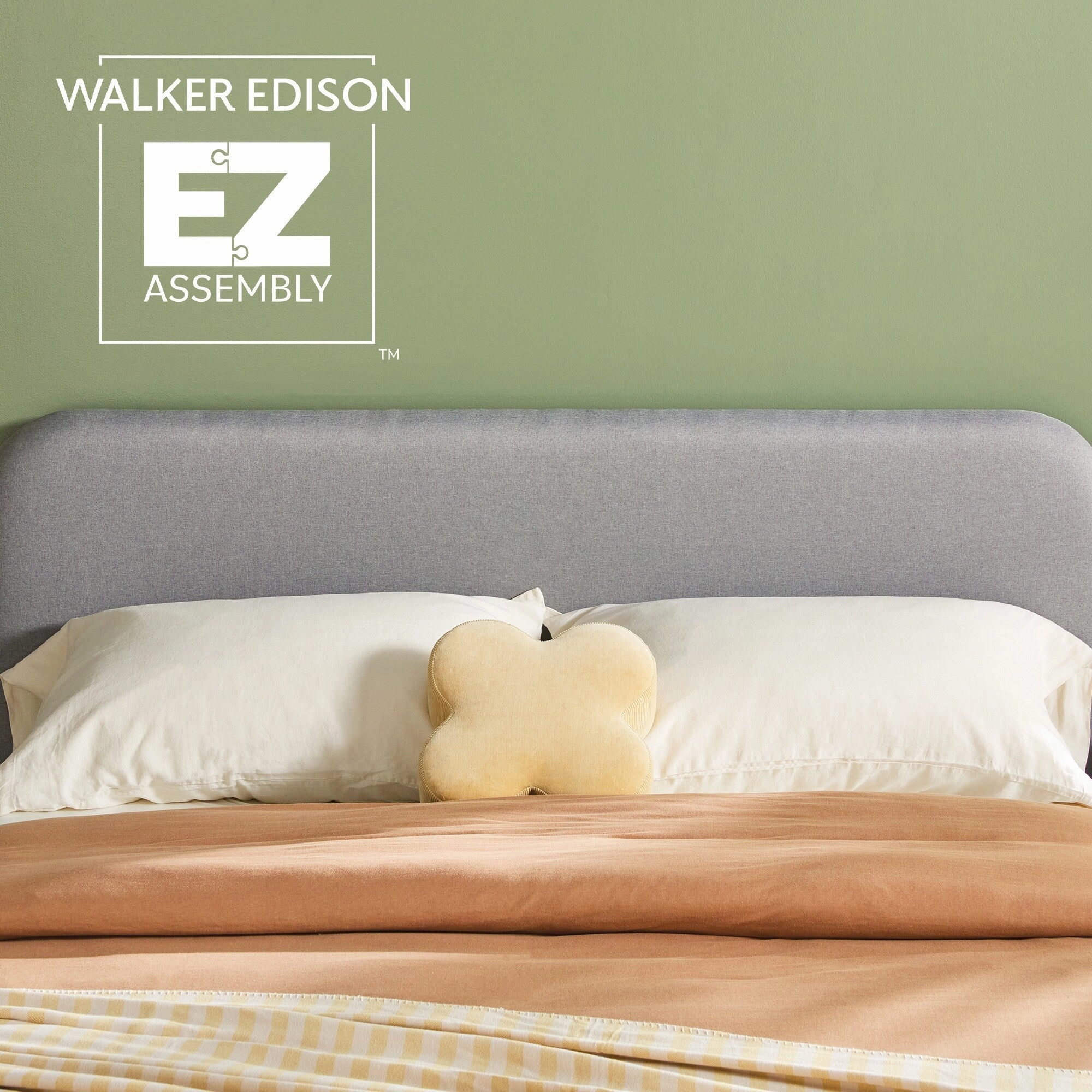 Walker Edison Solid Wood Queen Bed with Curved Upholstered Headboard