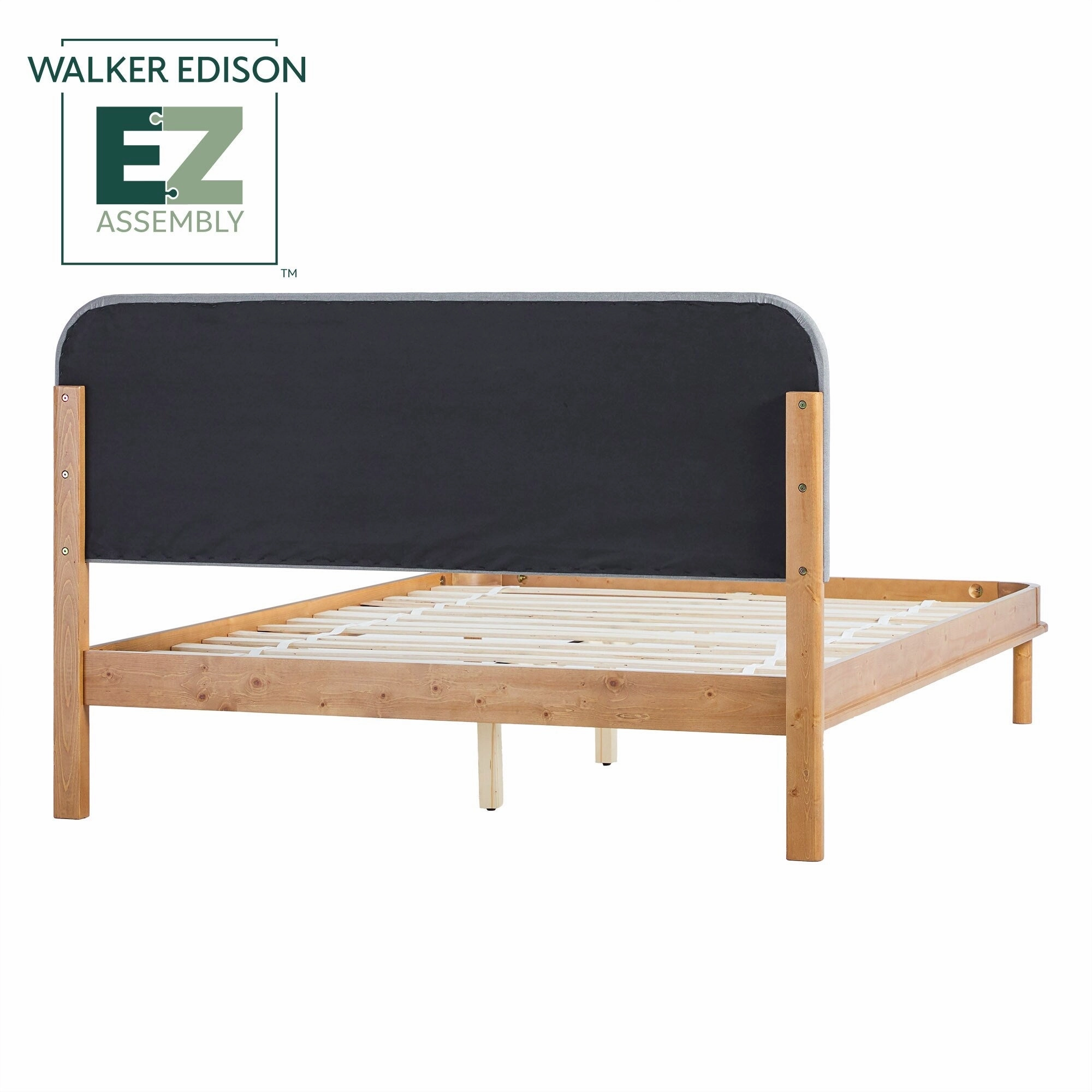 Walker Edison Solid Wood Queen Bed with Curved Upholstered Headboard