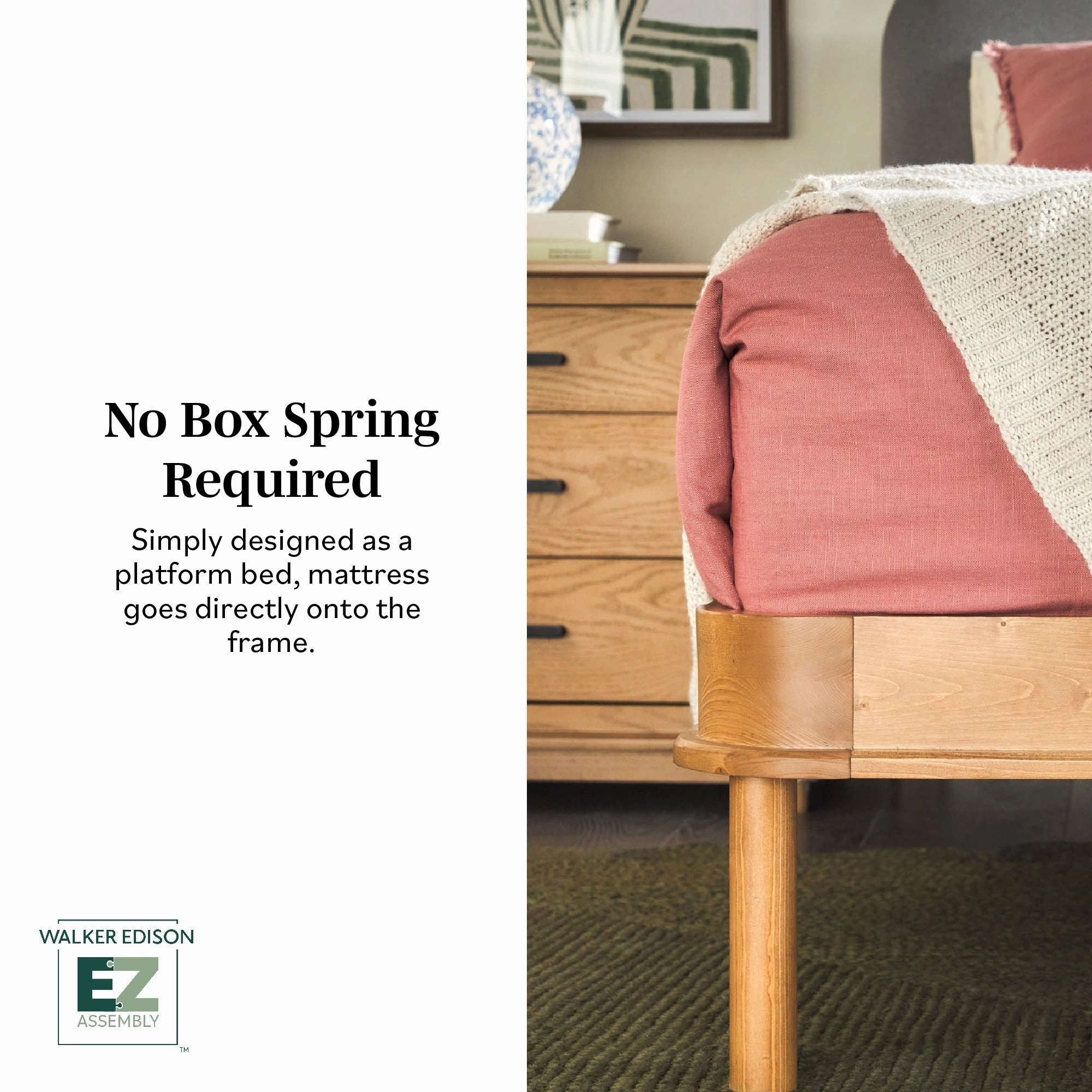 Walker Edison Solid Wood Queen Bed with Curved Upholstered Headboard