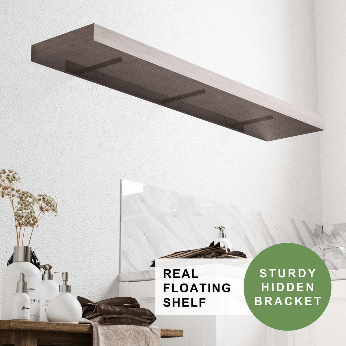 Wallniture Ronda 48 inch Walnut Floating Shelf. Floating Bookshelves for Wall. Wall Shelves with Hidden Bracket