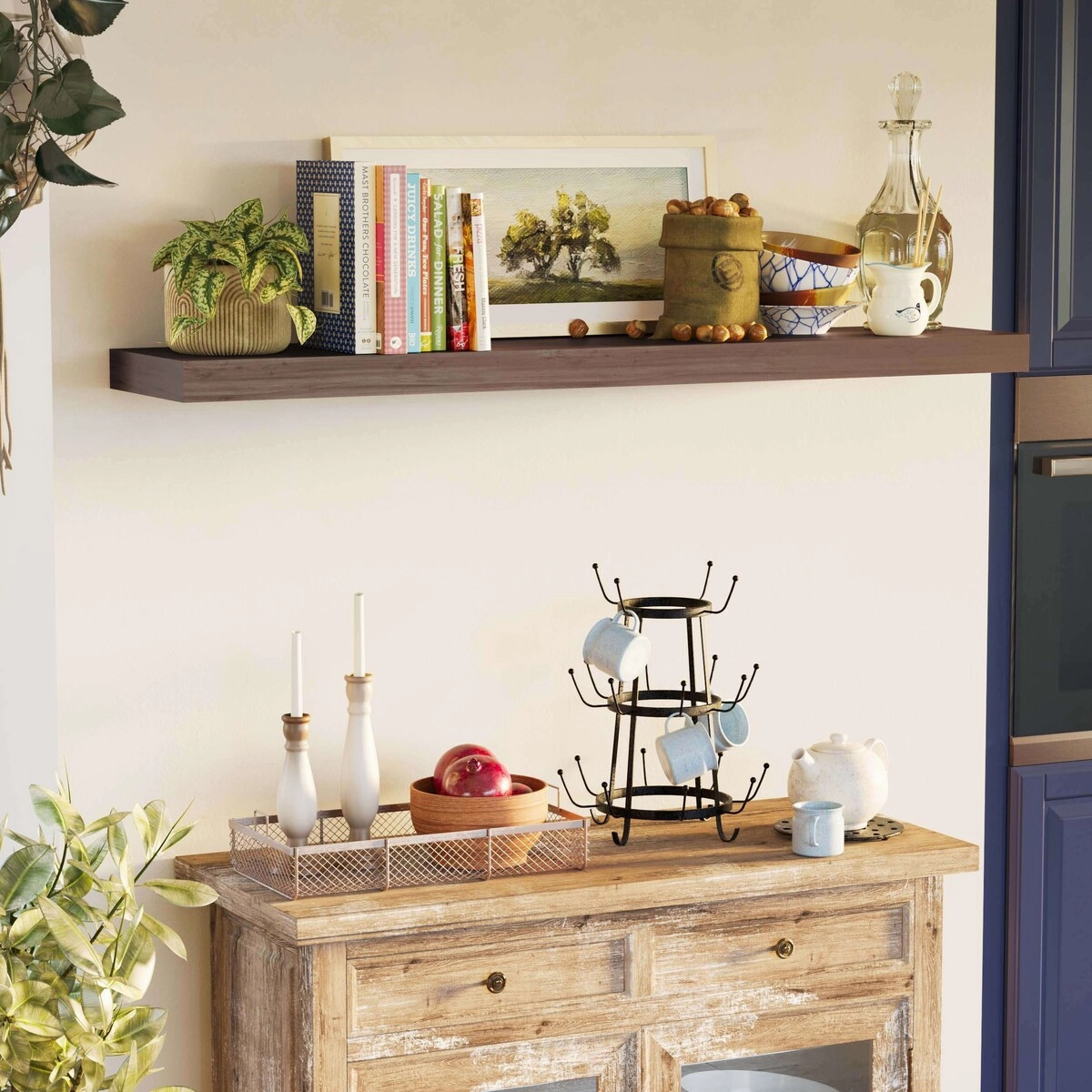 Wallniture Ronda 48 inch Walnut Floating Shelf. Floating Bookshelves for Wall. Wall Shelves with Hidden Bracket