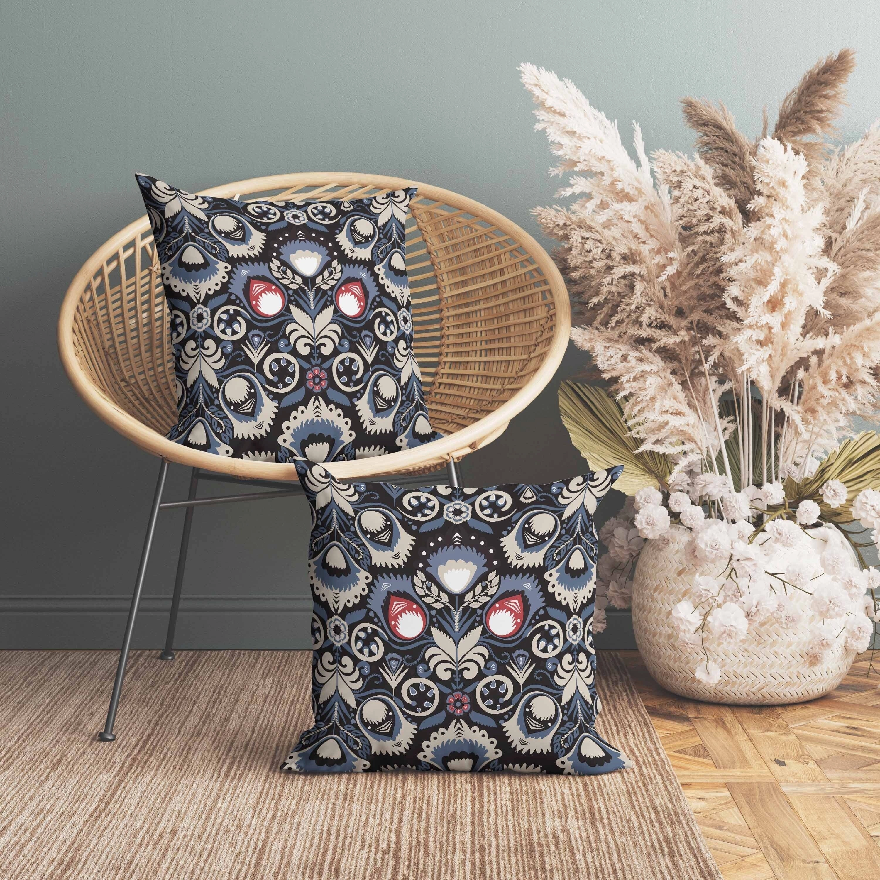 Whimsical Cat Eye Faux Suede Reversible Throw Pillow Blue and Black
