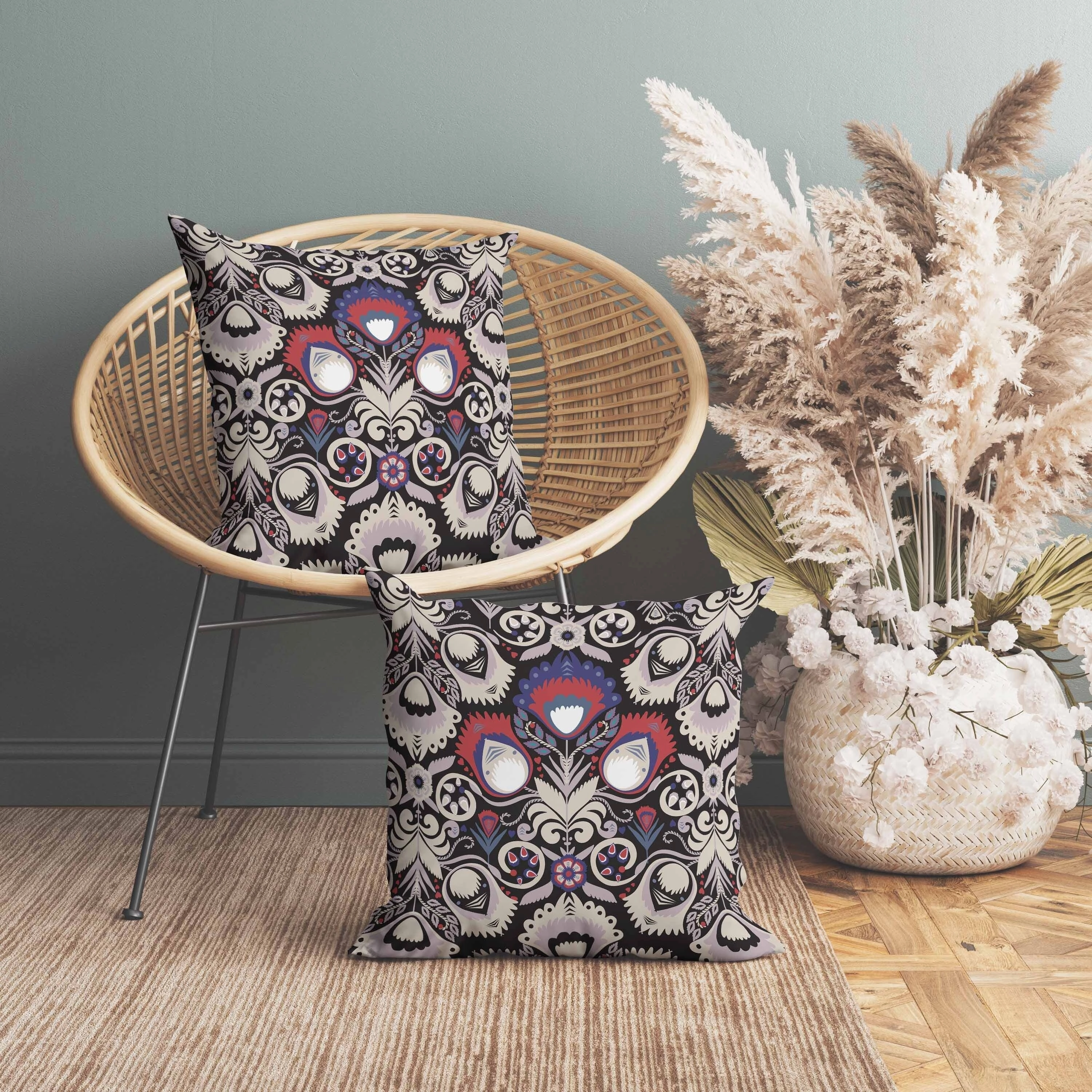 Whimsical Cat Eye Indoor/Outdoor Reversible Throw Pillow Black and Cream