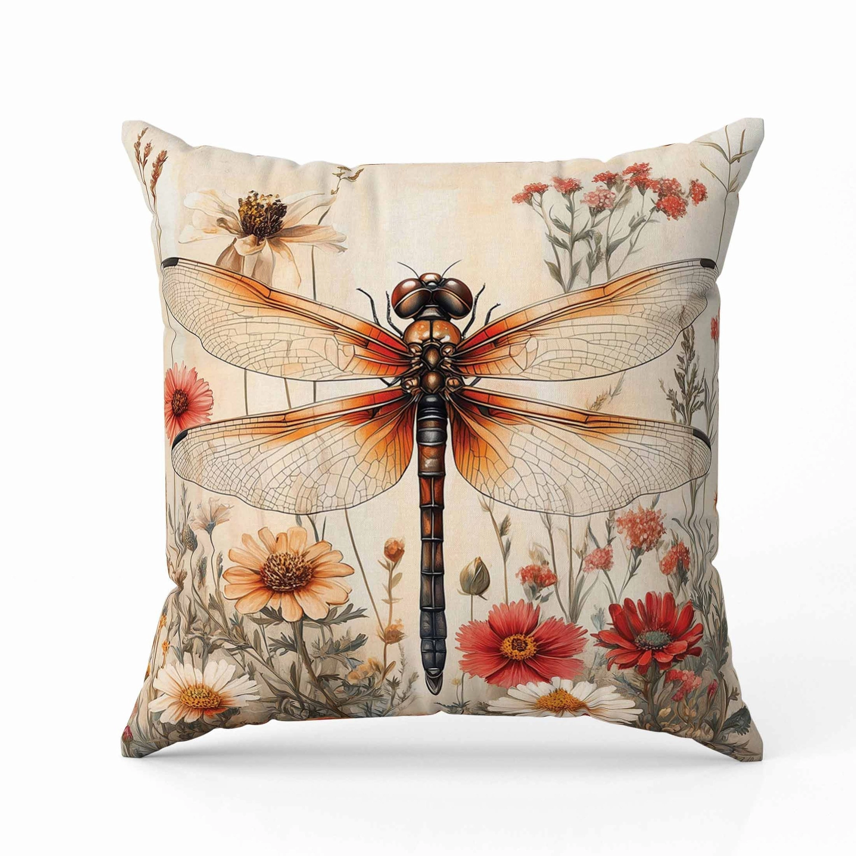 Wildflower Dragonfly Faux Suede Reversible Throw Pillow Beige and Orange