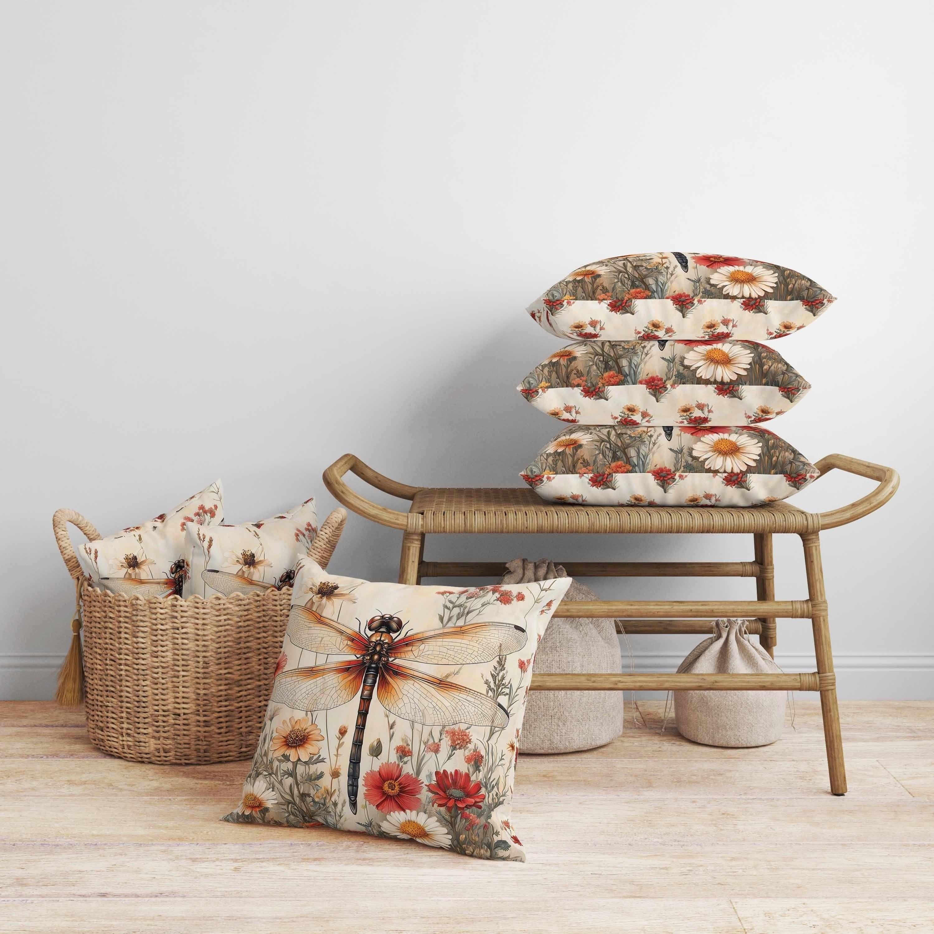 Wildflower Dragonfly Faux Suede Reversible Throw Pillow Beige and Orange