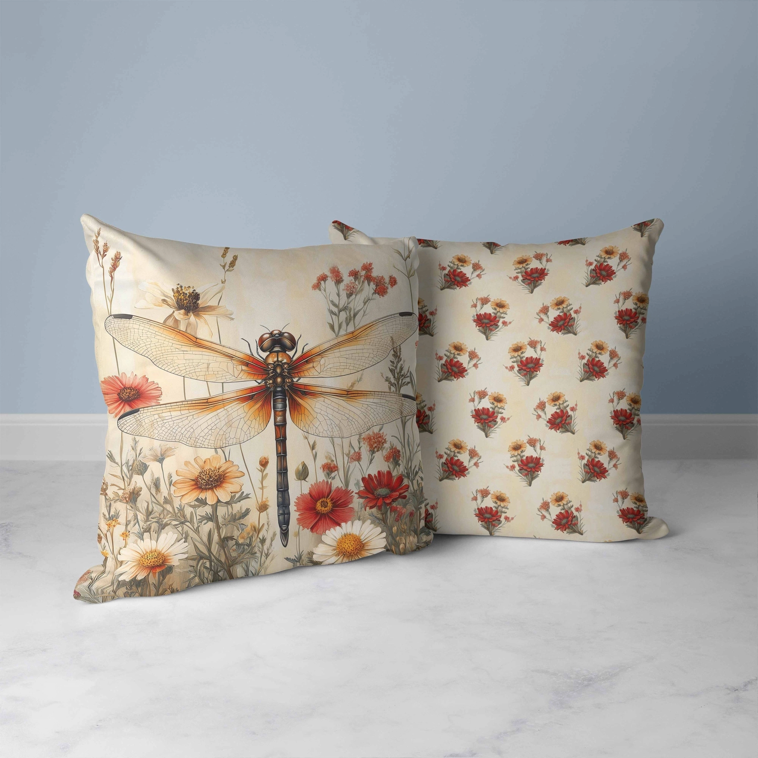 Wildflower Dragonfly Faux Suede Reversible Throw Pillow Beige and Orange