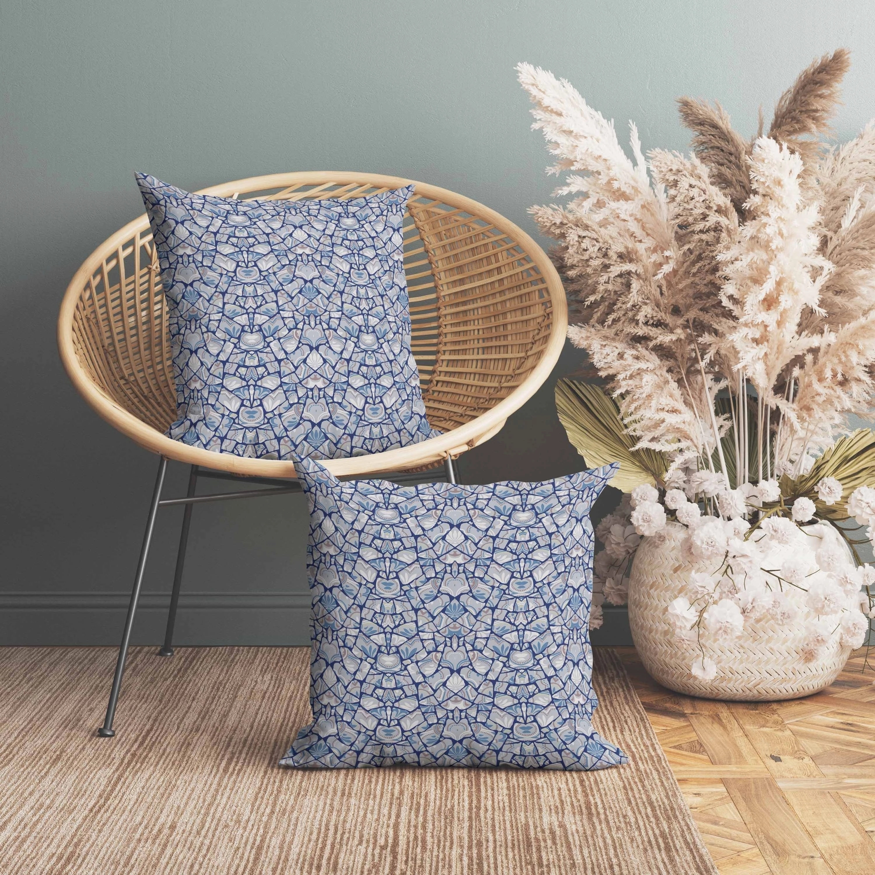 Wildflower Lagoon Indoor/Outdoor Reversible Throw Pillow Silver and Blue