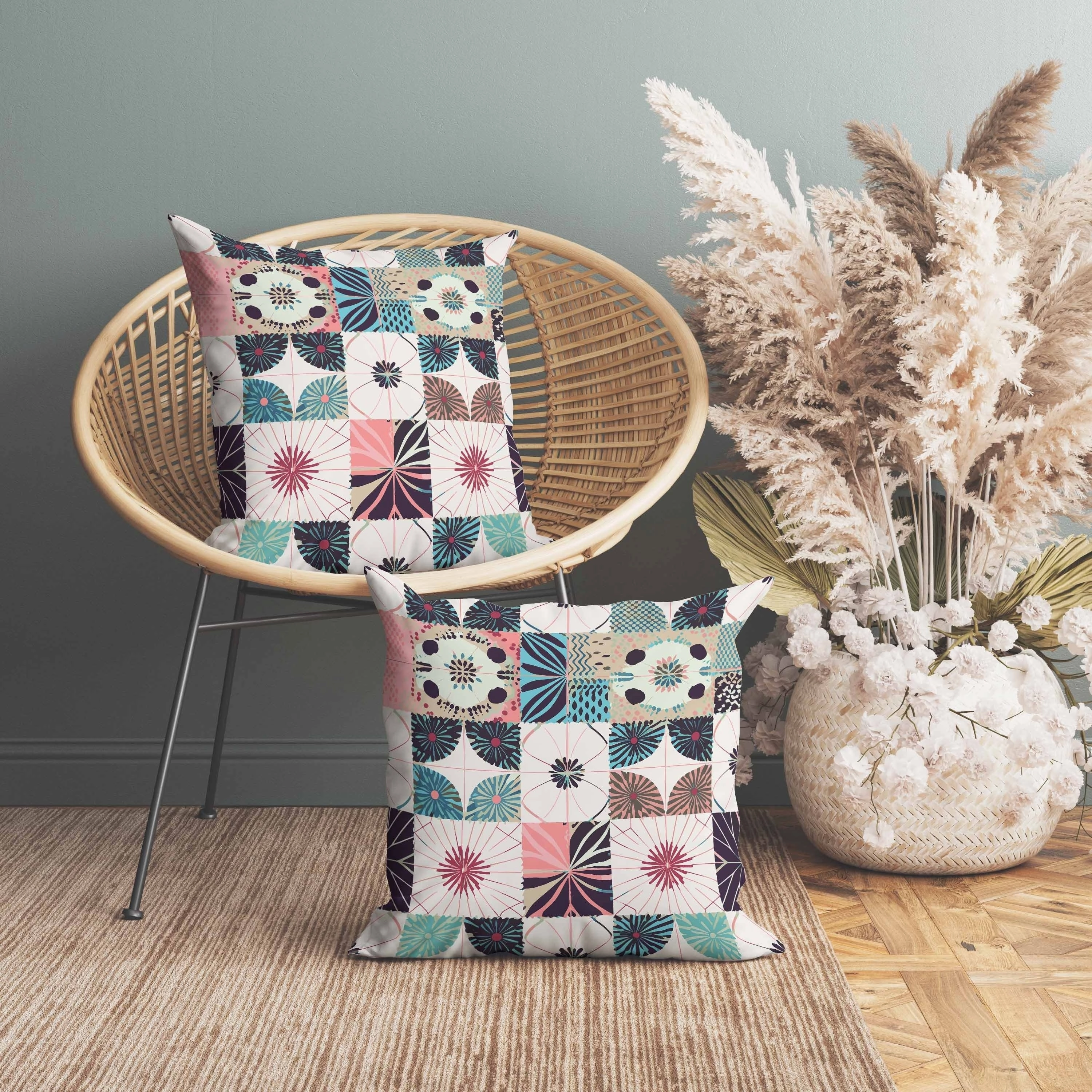 Zellige Dreamscapes Indoor/Outdoor Reversible Throw Pillow Blue and Pink
